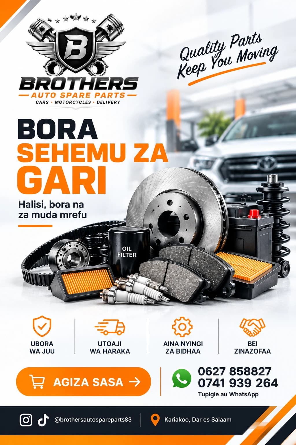 Brothers Auto Spare Parts flyer: Bora sehemu za gari, with phone 0627 858827 and 0741 939 264